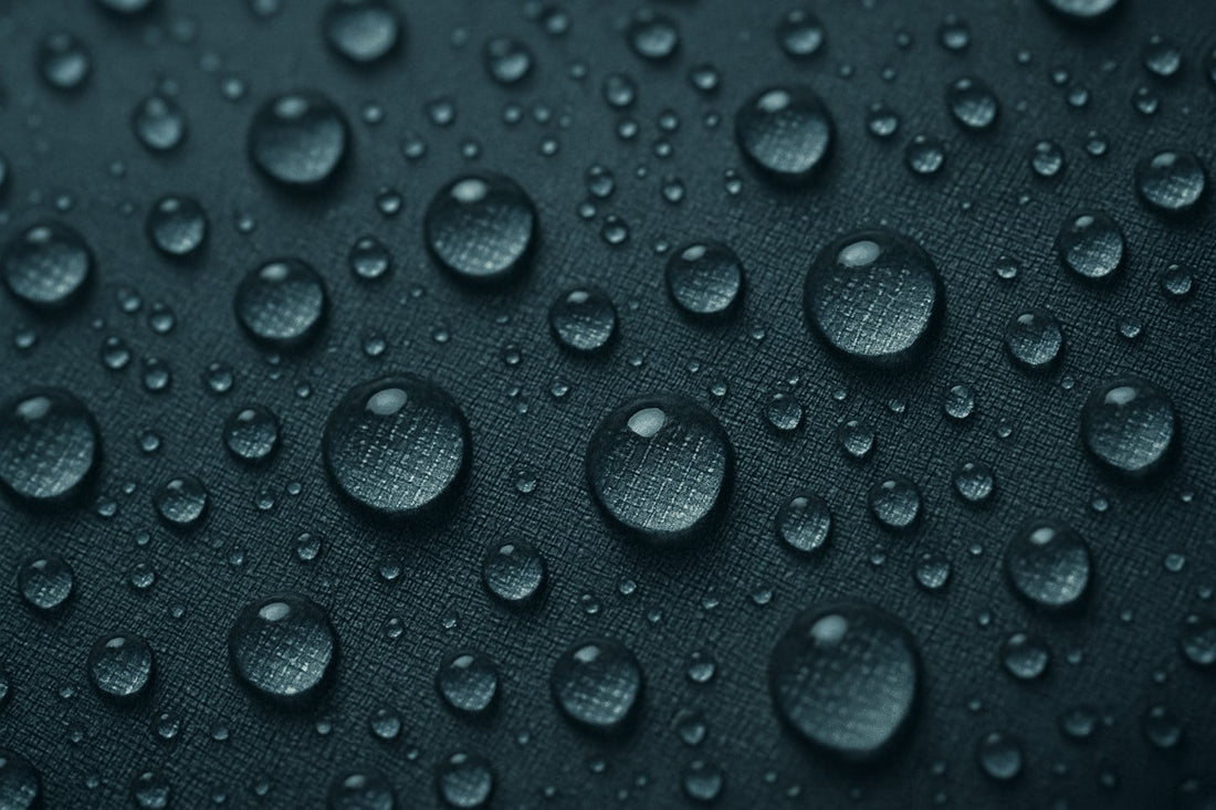 Regendruppels op waterdicht tasmateriaal, van dichtbij